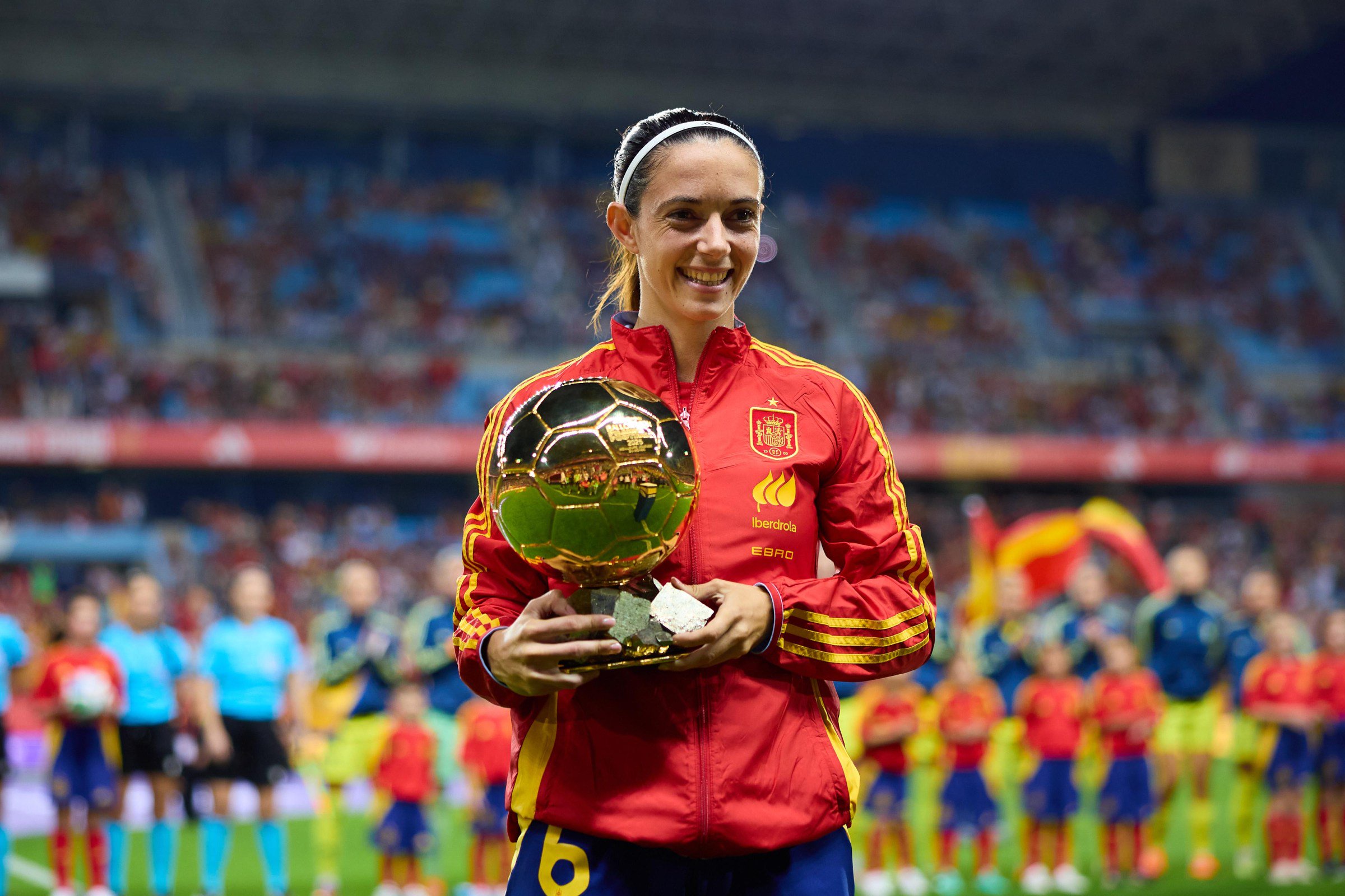 MALAGA, SPAIN - OCTOBER 24: Aitana Bonmati of Spain poses for a photo after receiving the Women’s Ballon d’Or trophy prior to the Women’s Nations League 2025 Semi-Final first leg match between Spain and Sweden at La Rosaleda Stadium on October 24, 2025 in Malaga, Spain. (Photo by Fran Santiago - UEFA/UEFA via Getty Images)