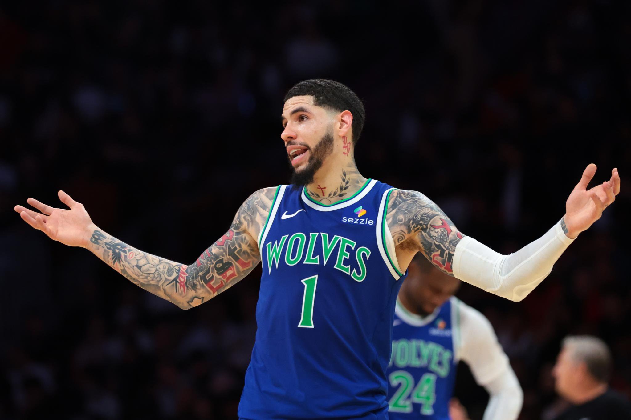 Minnesota Timberwolves guard LaMelo Ball reacts during a game against the Miami Heat.