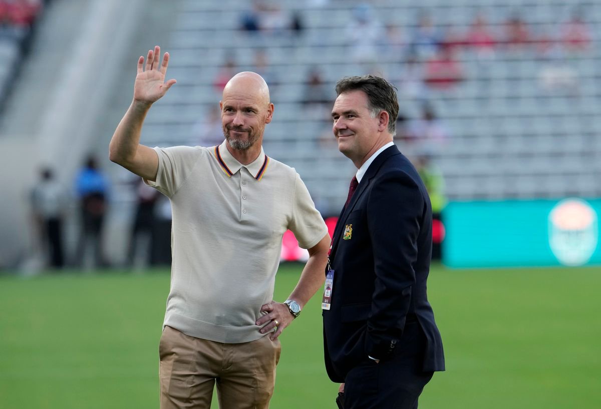 SAN DIEGO, CALIFORNIA - JULY 25: Manchester United manager Erik ten Hag and Manchester United Football Director John Murtough during the pre-season friendly match between Manchester United and Wrexham at Snapdragon Stadium on July 25, 2023 in San Diego, California. (Photo by Kevork Djansezian/Manchester United via Getty Images)