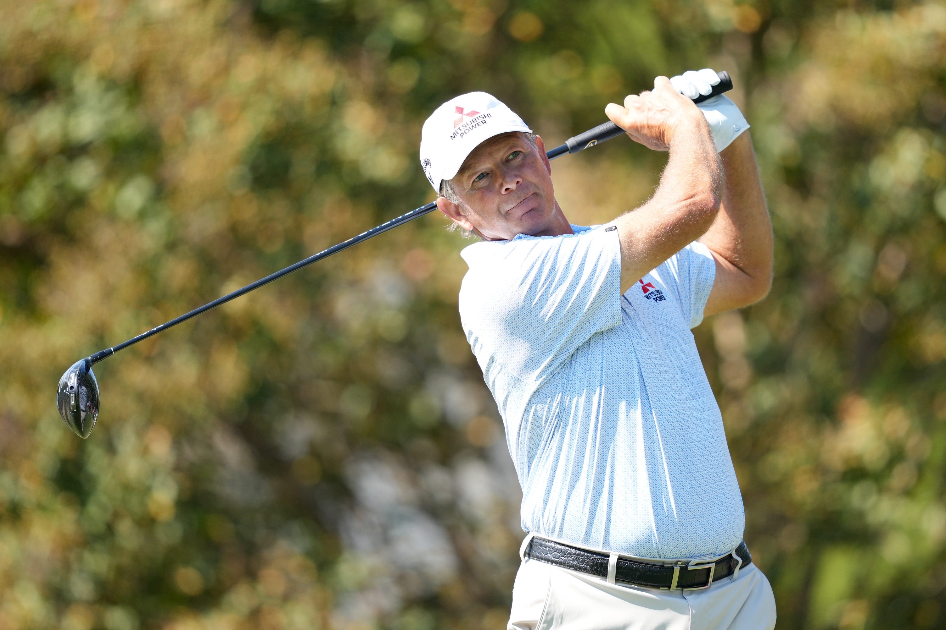 Retief Goosen plays his shot from the fifth tee during the first round of the SAS Championship 2026 at Prestonwood Country Club.