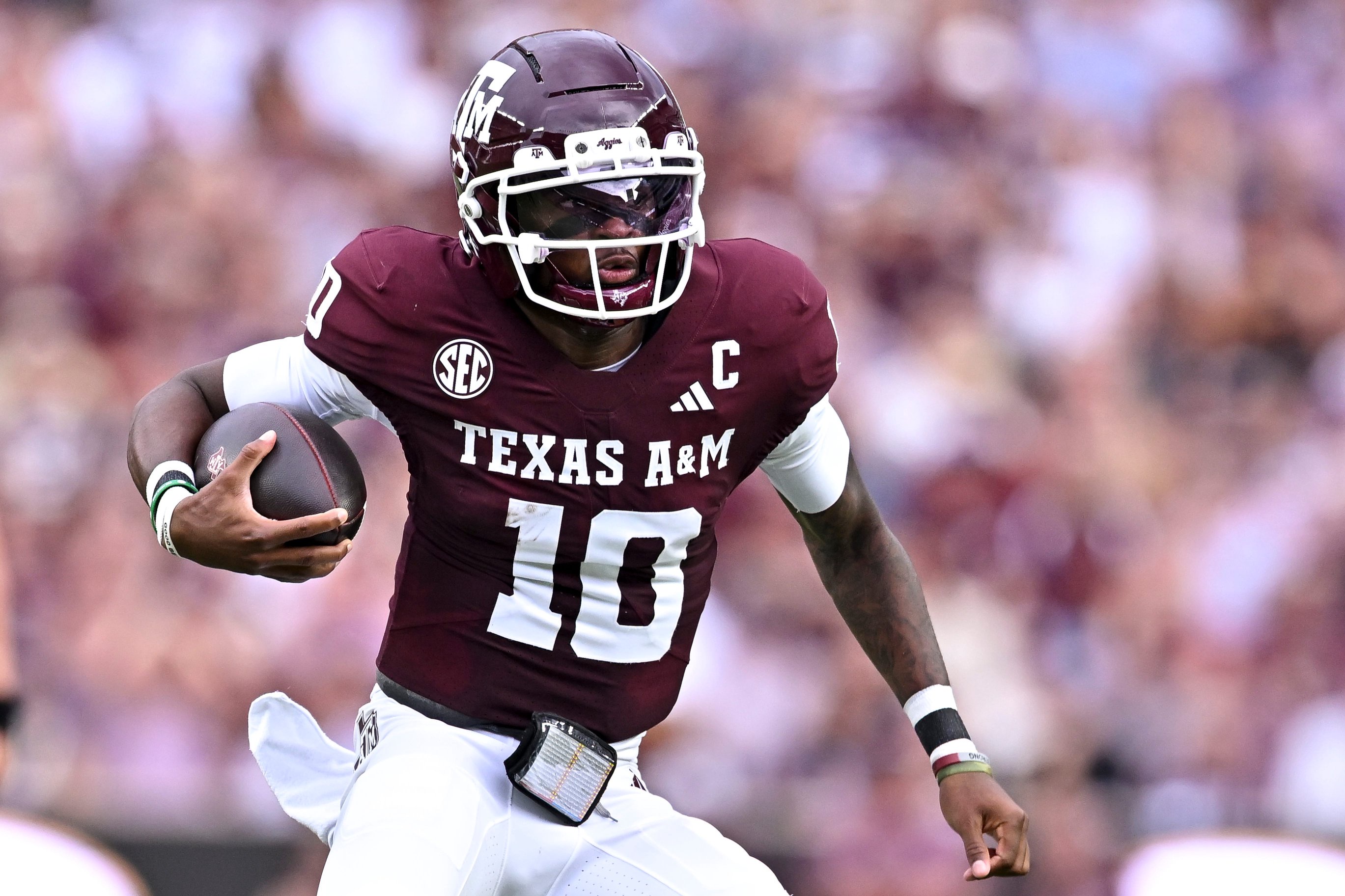 Sep 5, 2026; College Station, Texas, USA; Texas A&amp;M Aggies quarterback Marcel Reed (10) runs the ball during the first quarter against the Missouri State Bears at Kyle Field. Mandatory Credit: Maria Lysaker-Imagn Images