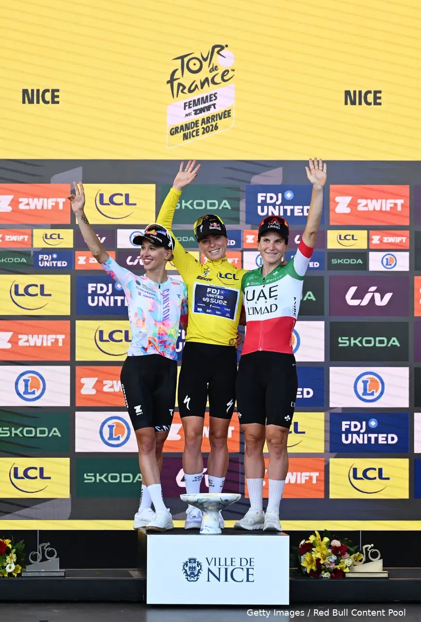 Demi Vollering, Kasia Niewiadoma and Elisa Longo Borghini on the final podium at the 2026 Tour de France Femmes