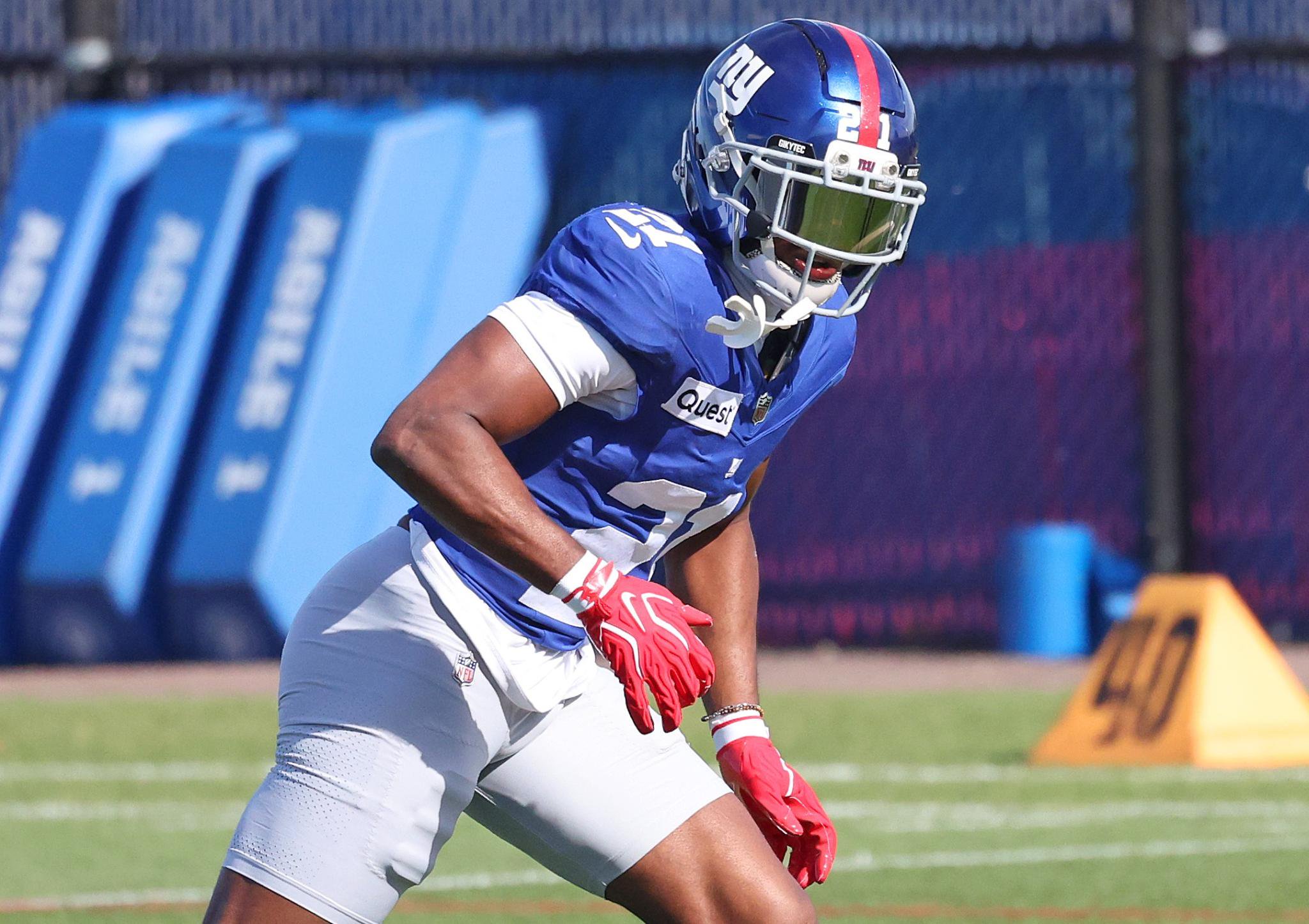 Giants cornerback Paulson Adebo practices for the first time since being placed on the IR due to a knee injury.