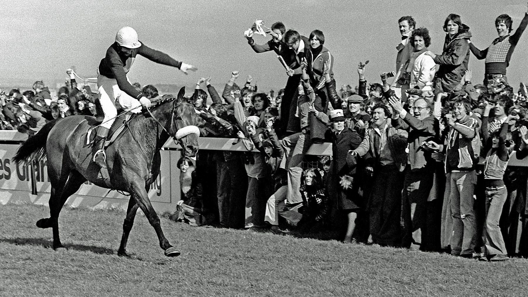 Scenes of celebration as Red Rum wins his third Grand National in 1977