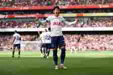 Heung-Min Son of Tottenham Hotspur celebrates after scoring the team's second goal during the Premier League match between Arsenal FC and Tottenham...
