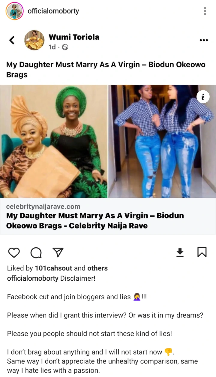 Actress Omo-Borty Finally Responds To Fake News That She Wants Her Daughter To Marry As A Virgin