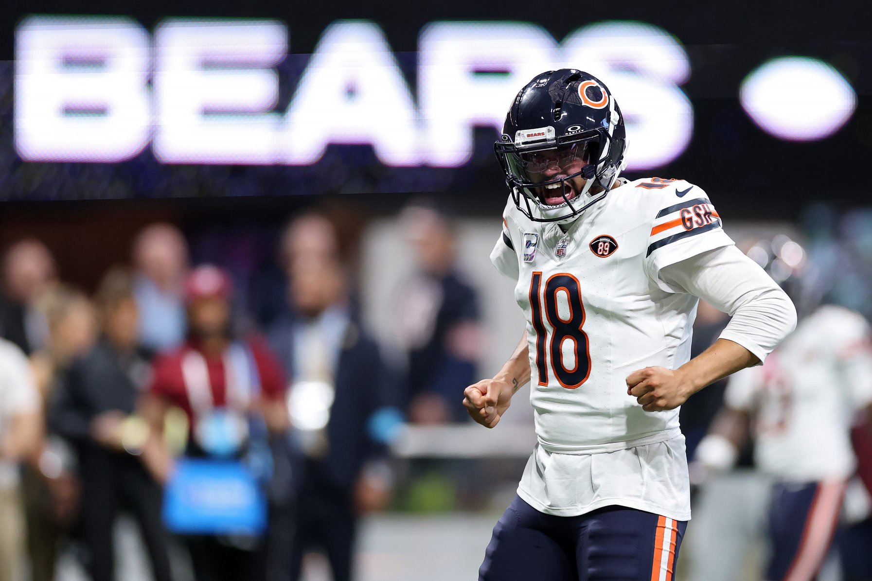 Caleb Williams #18 of the Chicago Bears celebrates a touchdown against the Atlanta Falcons during the third quarter of the game at Mercedes-Benz Stadium on October 18, 2026 in Atlanta, Georgia.