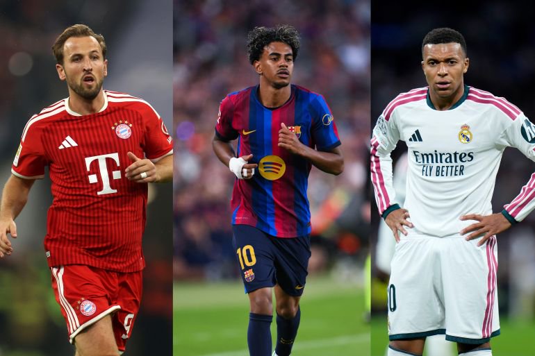 Harry Kane (left), Lamine Yamal (centre) and Kylian Mbappe (right) are the top three contenders for the Ballon d'Or [Getty Images]