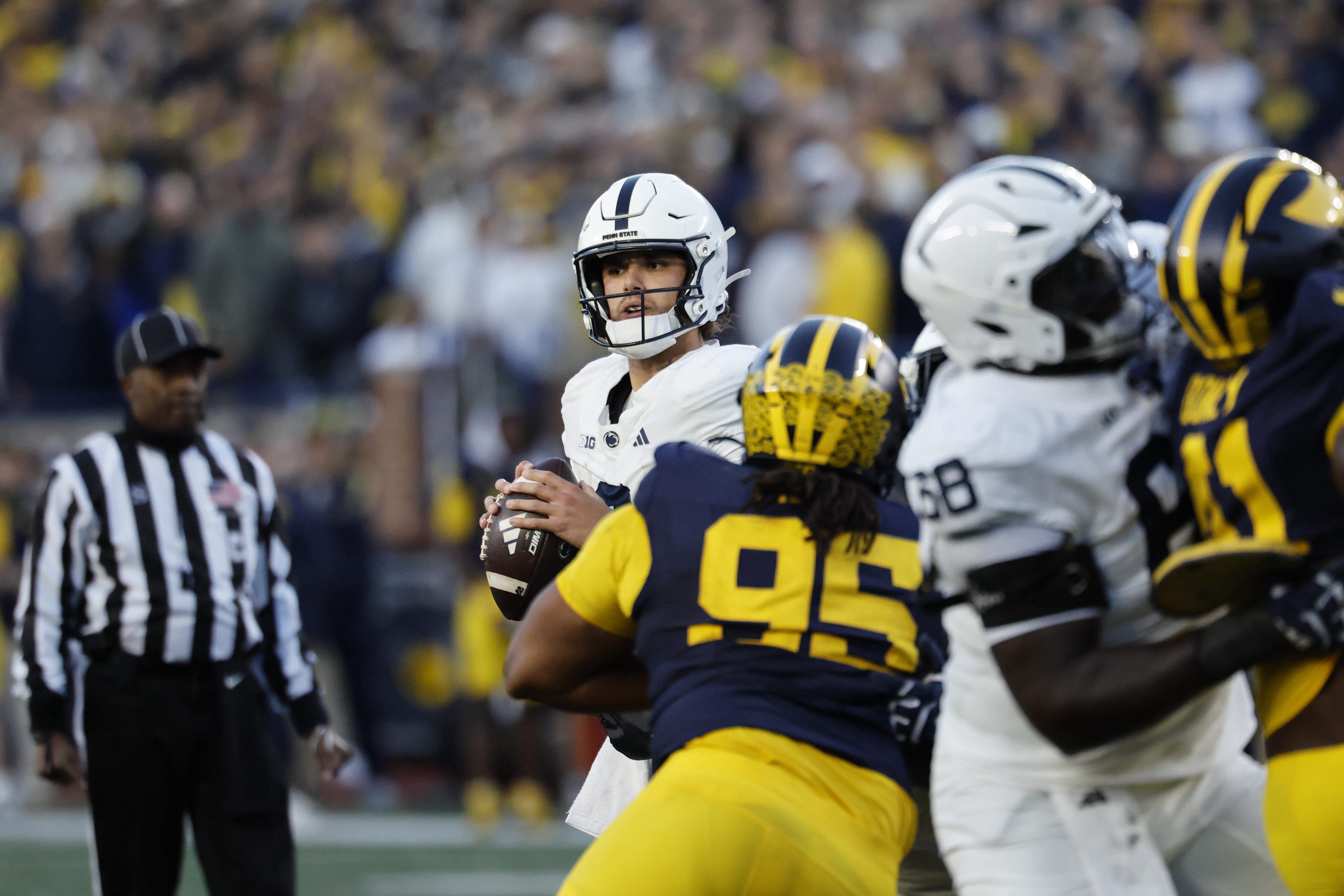 Oct 17, 2026; Ann Arbor, Michigan, USA;  Penn State Nittany Lions quarterback Rocco Becht (3) looks to pass in the second half against the Michigan Wolverines at Michigan Stadium.  Mandatory Credit: Rick Osentoski-Imagn Images