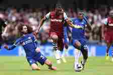 Marc Cucurella of Chelsea, Mohammed Kudus of West Ham and Moises Caicedo of Chelsea during the Premier League match between Chelsea FC and West Ham...