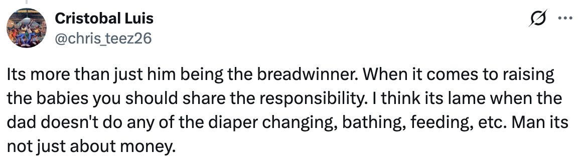 Tweet about shared responsibilities in parenting, emphasizing that dads should participate in tasks like diaper changing, bathing, and feeding