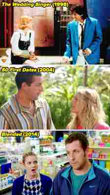 Three movie stills of Adam Sandler and Drew Barrymore: The Wedding Singer, 50 First Dates, and Blended