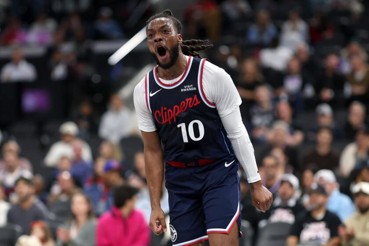 Clippers guard Darius Garland lets out a yell after scoring against the Kings during the second quarter Wednesday.