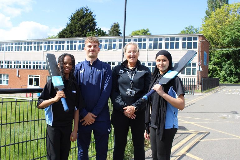 Erdington Academy girls' cricket: Year 7 student Nicole Nkanyimuo, Warwickshire Cricket Foundation coach Cameron Steventon, Lisa Millward, Subject Leader of PE and Year 8 student Hafsa Mulla.