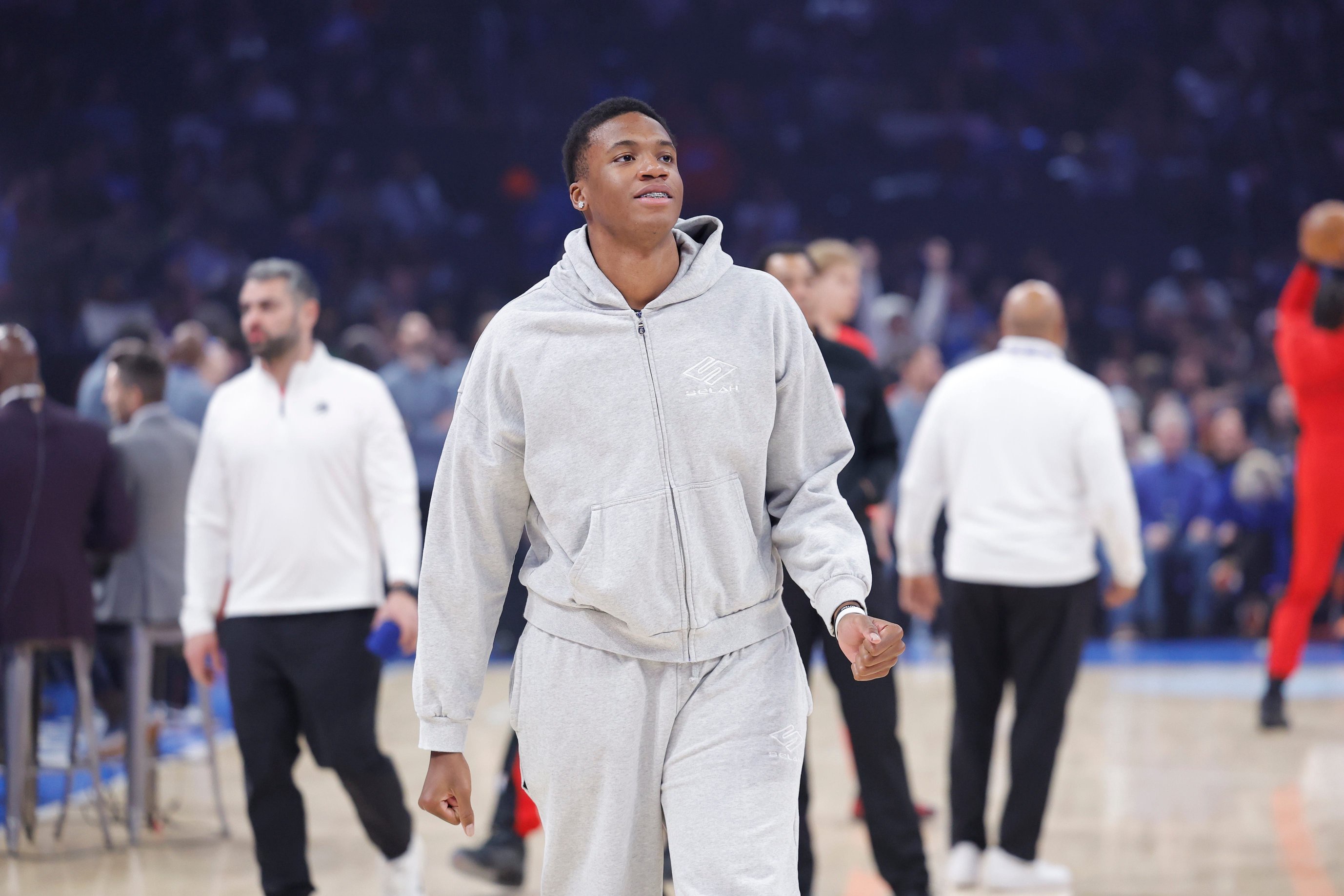 Jan 25, 2026; Oklahoma City, Oklahoma, USA; Oklahoma City Thunder center Thomas Sorber during warm ups before a game against the Toronto Raptors at Paycom Center. Mandatory Credit: Alonzo Adams-Imagn Images
