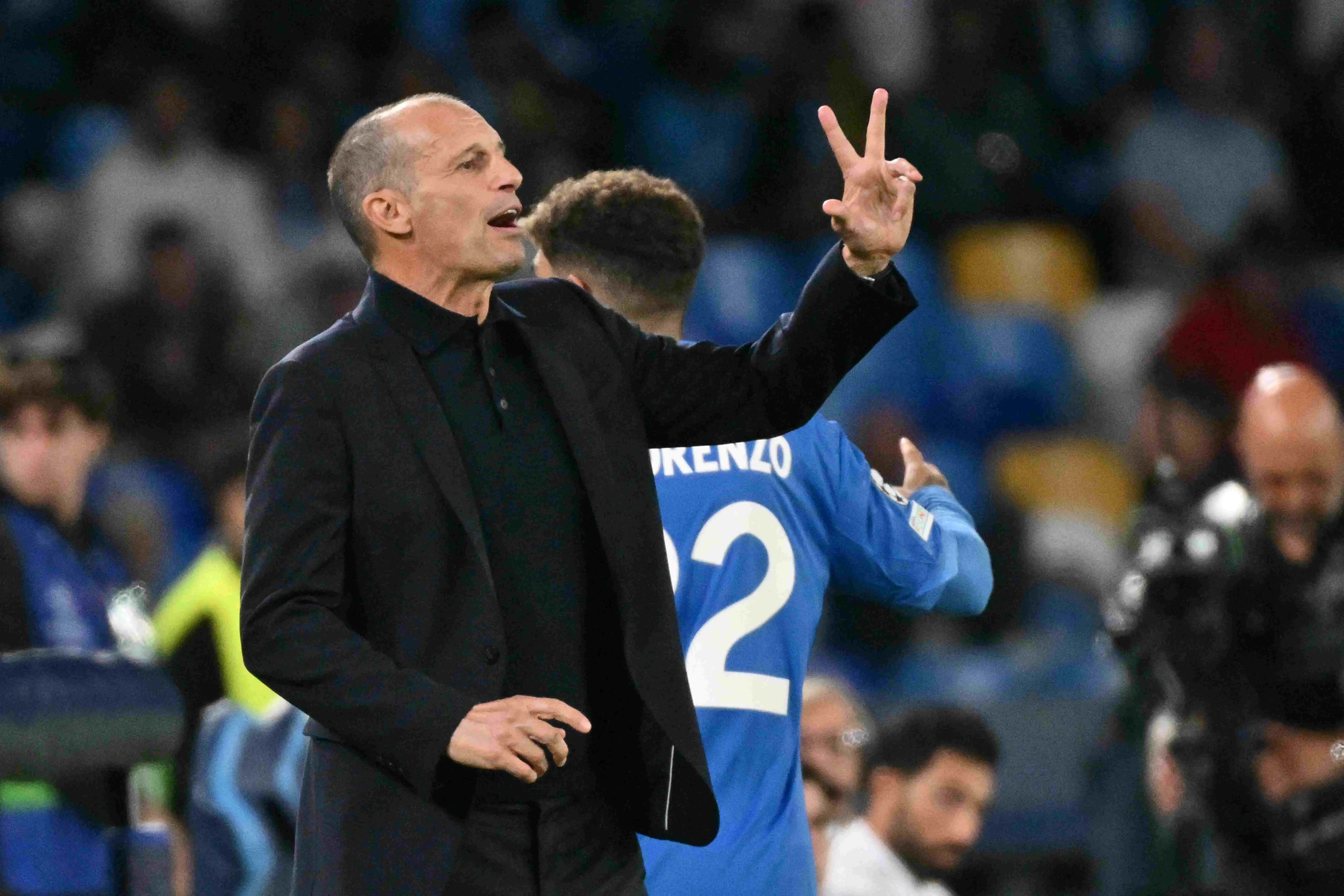 Napoli's Italian coach Massimiliano Allegri gestures during the UEFA Champions League - first round day 3 football match between Napoli and Bodo Glimt at the Diego Armando Maradona stadium in Naples 
