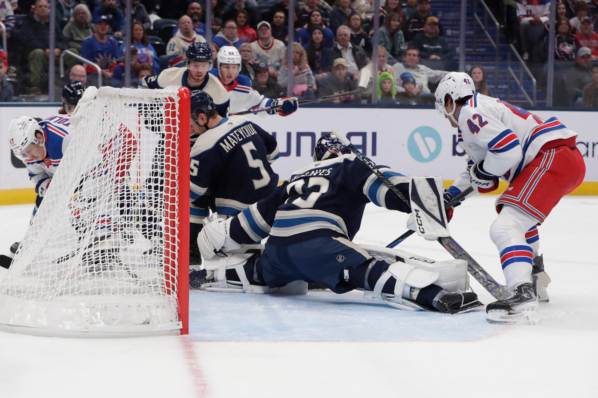 Jet Greaves makes a save on Eeli Tolvanen (17) during the Rangers' road loss to the Blue Jackets.