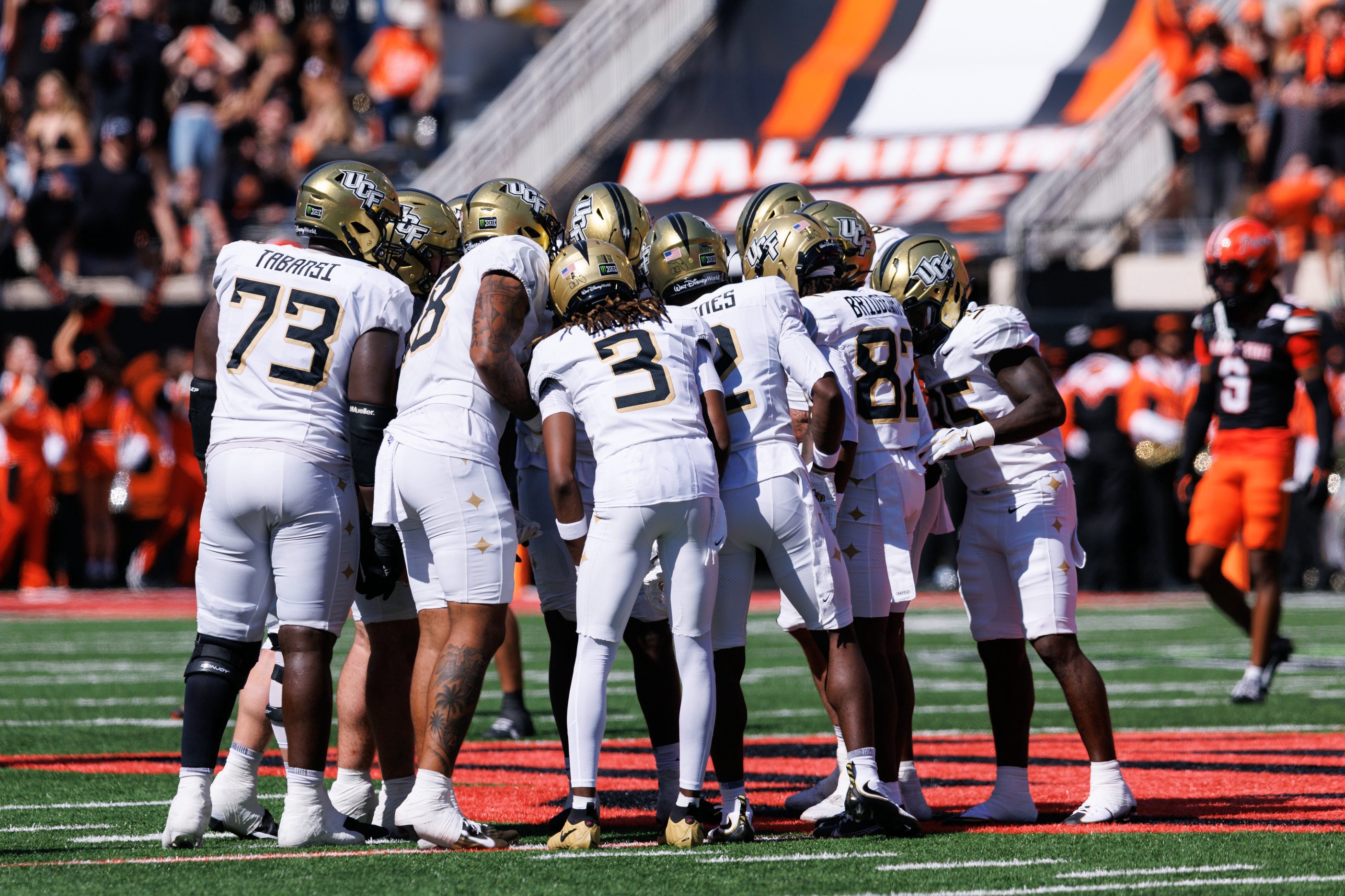 Oct 10, 2026; Stillwater, Oklahoma, USA;  UCF Knights huddle during the second half against the Oklahoma State Cowboys at Boone Pickens Stadium.  Mandatory Credit: William Purnell-Imagn Images