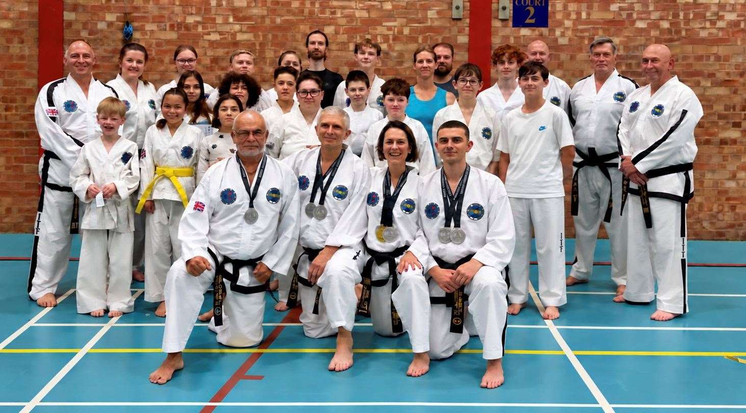 Some of the Tuesday evening students from the Stamford and Oakham Taekwon-Do Club at Casterton College with the World Championship competitors.