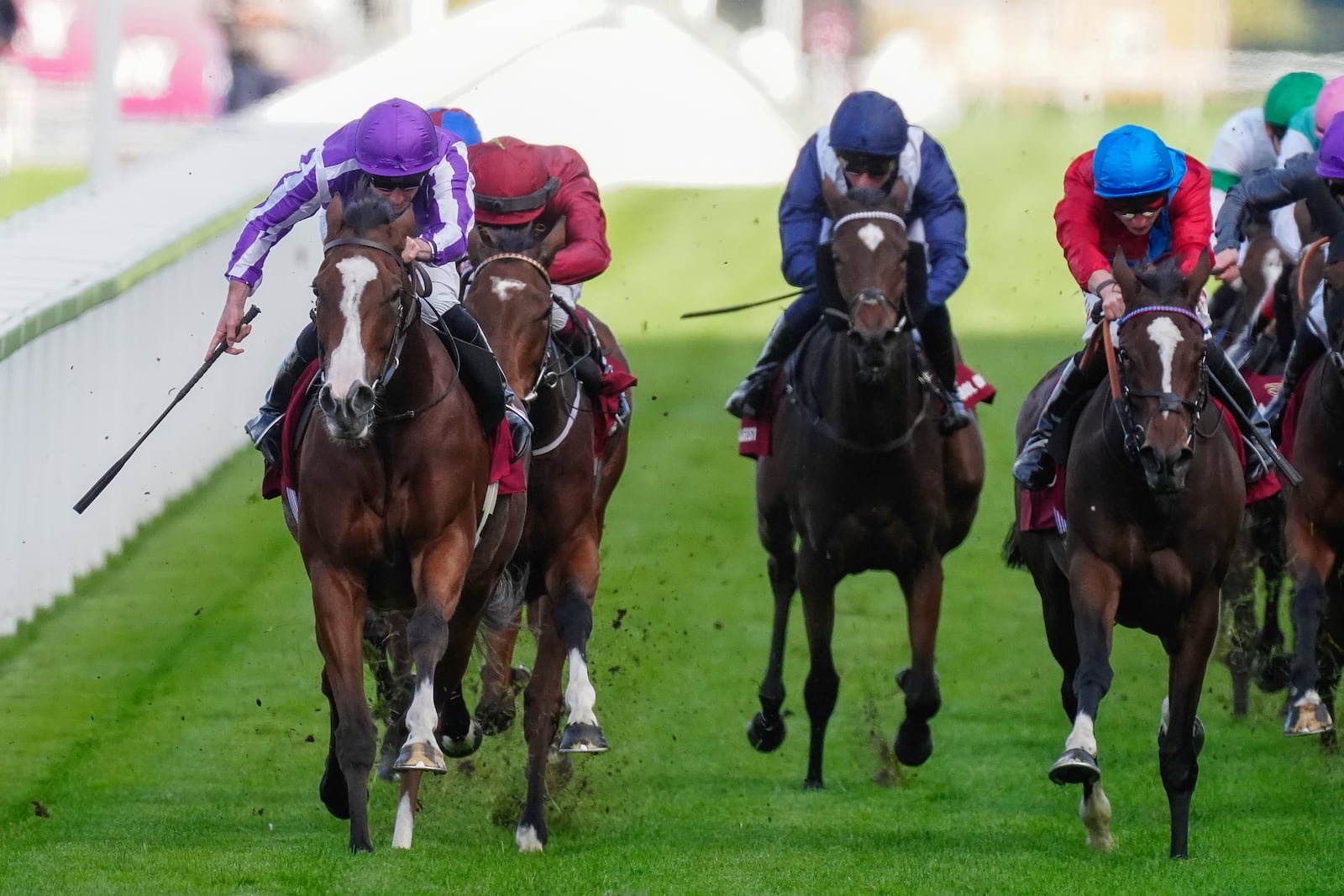 Ryan Moore riding Minnie Hauk (left, in purple) to win the Qatar Racing British Champions Fillies & Mares Stakes on British Champions Day at Ascot. Photograph: Alan Crowhurst/Getty Images
