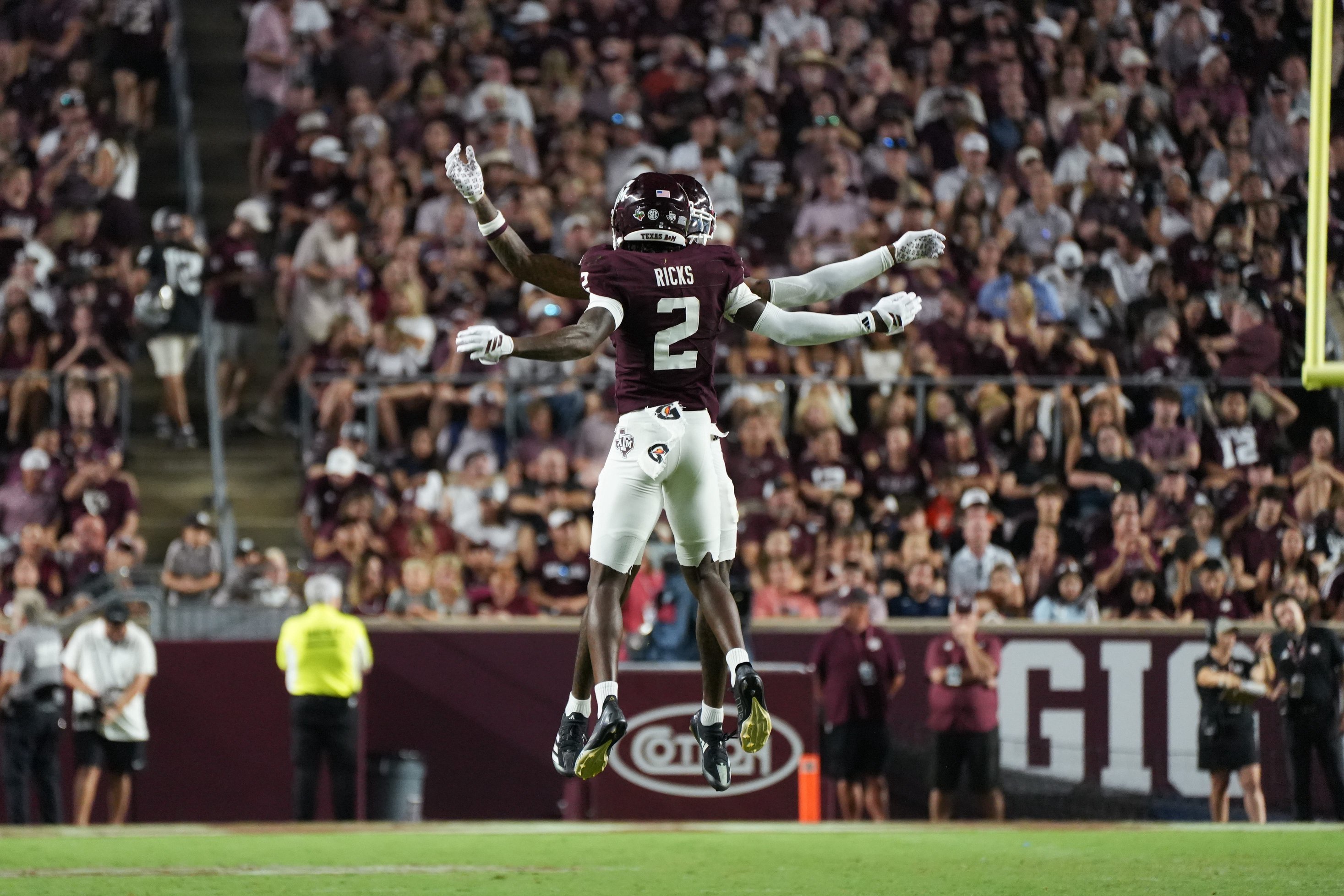 Aug 30, 2025; College Station, Texas, USA; Texas A&amp;M Aggies cornerback Dezz Ricks (2) celebrates during the second half against the UTSA Roadrunners at Kyle Field. Mandatory Credit: Sean Thomas-Imagn Images