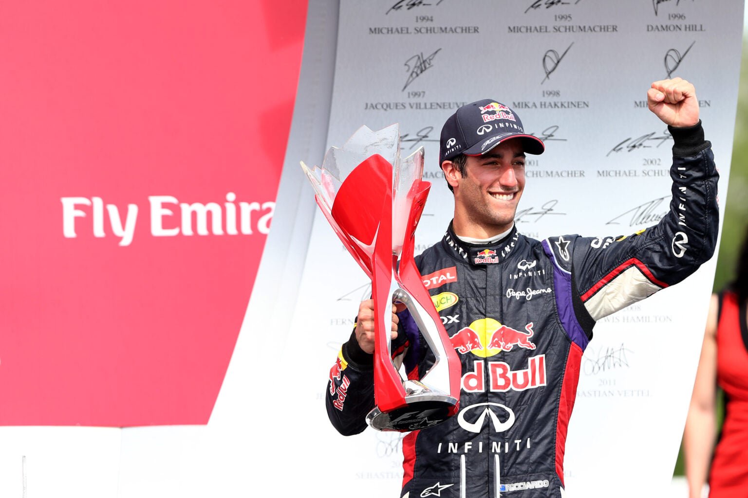 Daniel Ricciardo celebrates winning the 2014 F1 Canadian Grand Prix for Red Bull