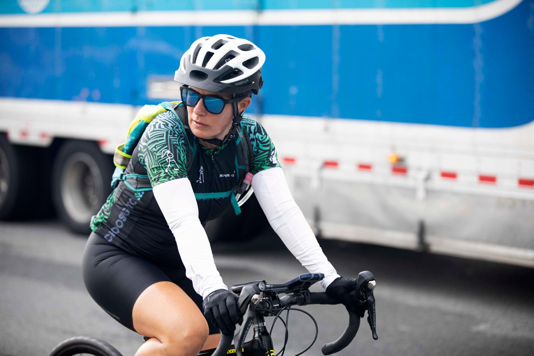 Shawn Cheshire rides on US-460 on her way to Sprout Springs, Virginia, on her 56th day of her ride across America, Sunday, July 11, 2021.