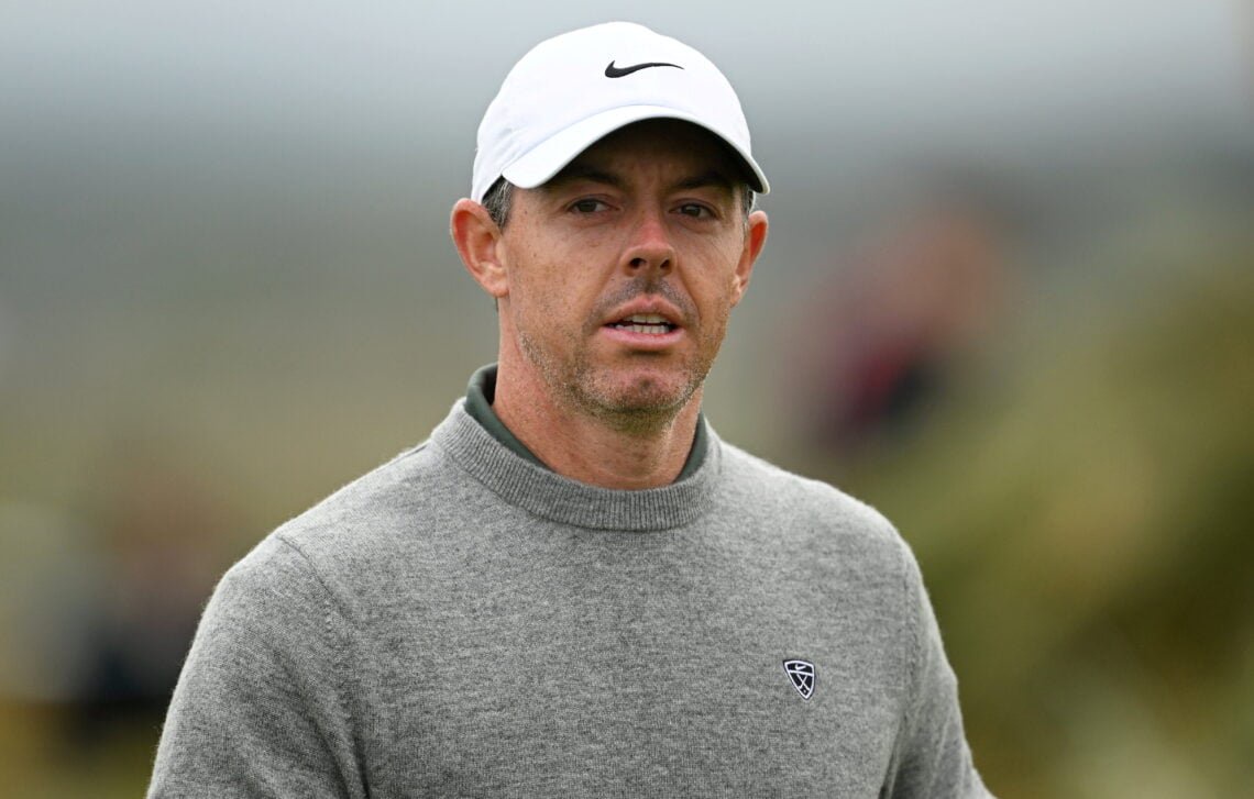 Rory McIlroy of Northern Ireland walks the first fairway during day four of the Amgen Irish Open Golf Championship 2026 at Trump International Golf Links