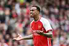 Gabriel of Arsenal reacts after scoring a goal which was later ruled out for offside during the Premier League match between Arsenal FC and AFC Bournemouth at Emirates Stadium on May 04, 2024 in London, England.
