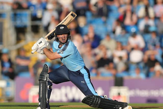Adam Lyth hits out during his English record 161 against Northamptonshire at Headingley in 2017. Photo by Nigel Roddis/Getty Images