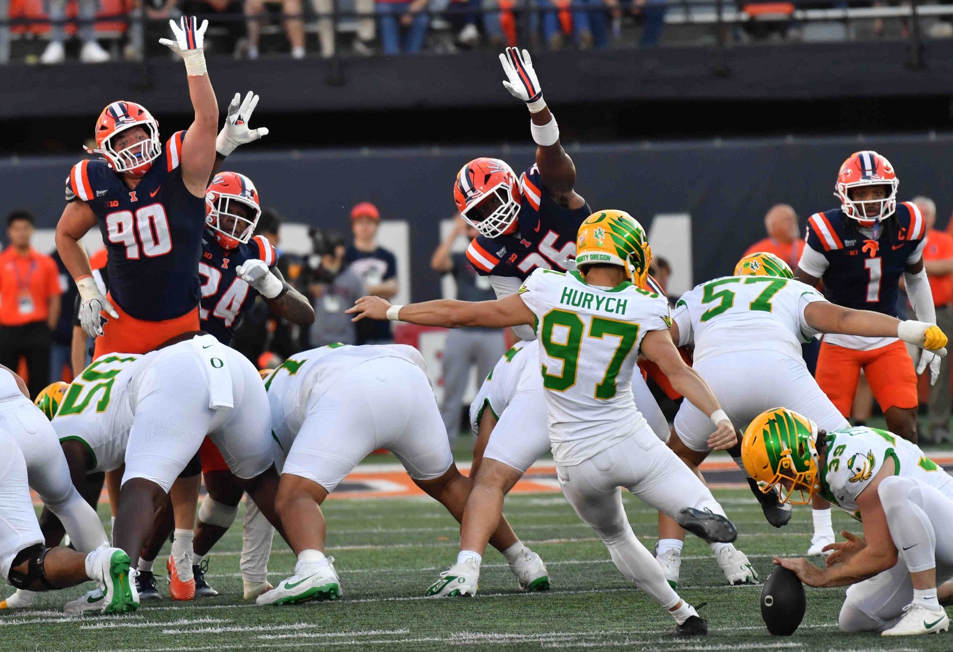 Oct 24, 2026; Champaign, Illinois, USA;  Oregon Ducks kicker Gage Hurych (97) attempts a field goal during the second half against the Illinois Fighting Illini at Gies Memorial Stadium.  Mandatory Credit: Ron Johnson-Imagn Images