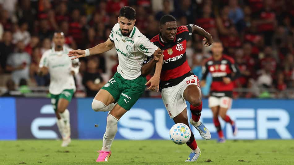 Flaco López, do Palmeiras, disputa a bola com jogador do Flamengo