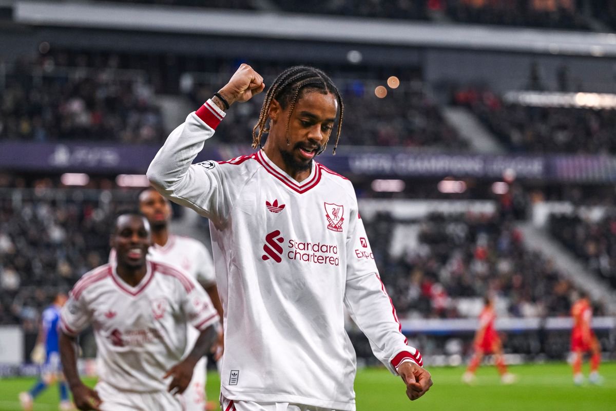 Bradley Barcola of Liverpool celebrates after scoring their team's fifth goal and their third for a hattrick during the UEFA Champions League