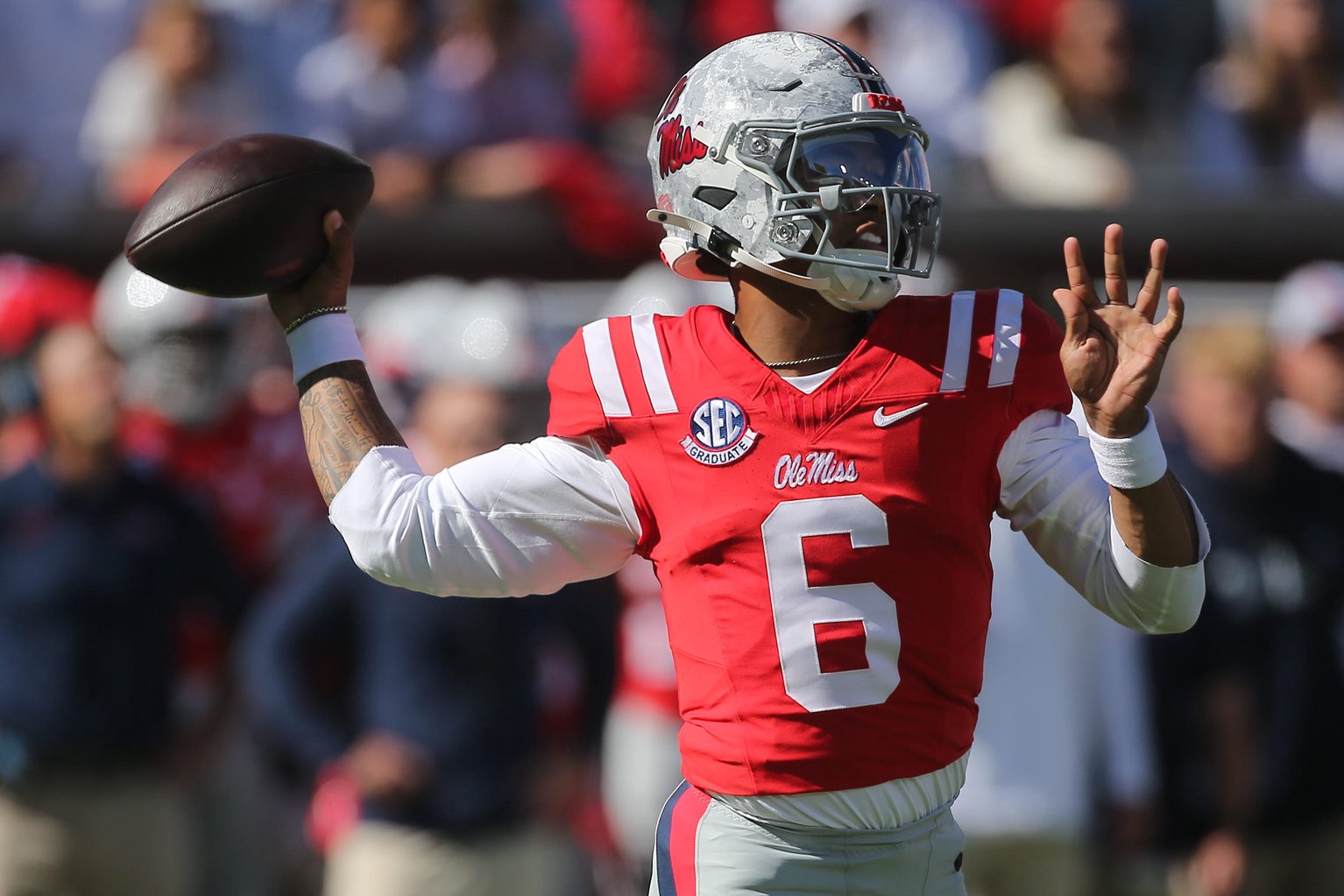 Oct 17, 2026; Oxford, Mississippi, USA;  Mississippi Rebels quarterback Trinidad Chambliss (6) throws a pass during the first quarter against the Missouri Tigers at Vaught-Hemingway Stadium.  Mandatory Credit: Petre Thomas-Imagn Images