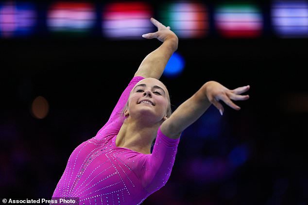 Claire Pease, of the United States, competes in the floor exercise during the apparatus finals at the Artistic Gymnastics World Championships in Rotterdam, the Netherlands, Sunday, Oct. 25, 2026. (AP Photo/Francisco Seco)