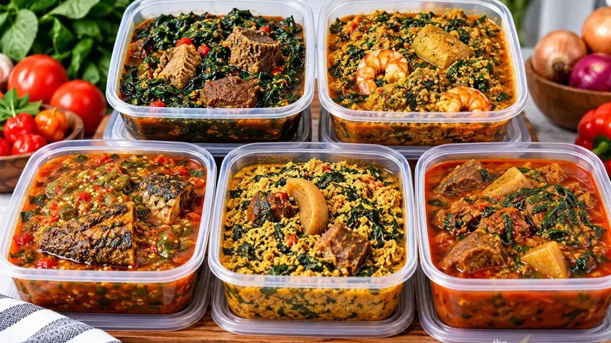 Five Nigerian soups stored for weekly meal preparation and reheating