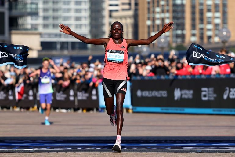 SYDNEY, AUSTRALIA - AUGUST 30: Peres Jepchirchir of Kenya celebrates winning the Women's Marathon during the 2026 TCS Sydney Marathon on August 30, 2026 in Sydney, Australia. (Photo by Jeremy Ng/Getty Images)