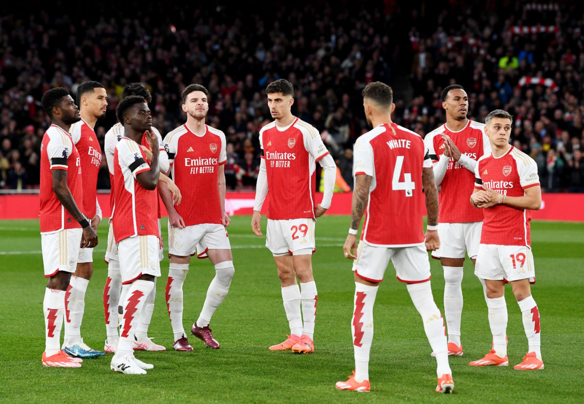 Players of Arsenal look on ahead of kick-off prior to the Premier League match between Arsenal FC and Chelsea FC at Emirates Stadium on April 23, 2...