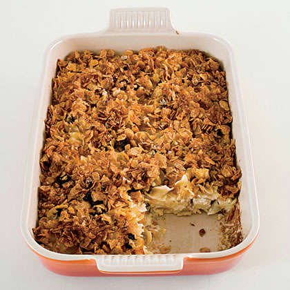 Slide 2 of 6: Noodle kugel is a traditional Jewish recipe served for dessert or as a side dish. Although it's made with cottage cheese, it develops a custardy texture as it bakes slowly in a ceramic dish. Here, Grace Parisi uses corn flakes and pecans to make a crunchy topping. View Recipe