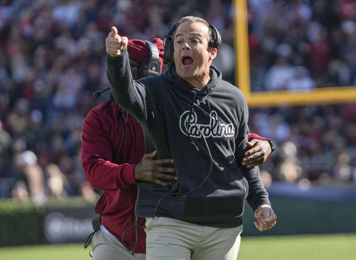 South Carolina Head Coach Shane Beamer disputes a pass interference call in the game with Clemson during the second quarter at Williams-Brice Stadium in Columbia, S.C. Saturday, November 29, 2025. ©Ken Ruinard / USA Today Co Inc SC / USA TODAY NETWORK via Imagn Images