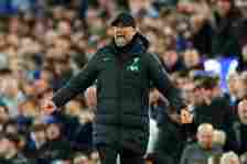 Liverpool manager Jurgen Klopp reacts during the Premier League match between Everton FC and Liverpool FC at Goodison Park on April 24, 2024 in Liv...