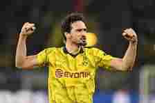 TOPSHOT - Dortmund's German defender #15 Mats Hummels celebrates after winning the UEFA Champions League quarter-final second leg football match between Borussia Dortmund and Atletico Madrid in Dortmund, western Germany on April 16, 2024. (Photo by INA FASSBENDER / AFP) (Photo by INA FASSBENDER/AFP via Getty Images)