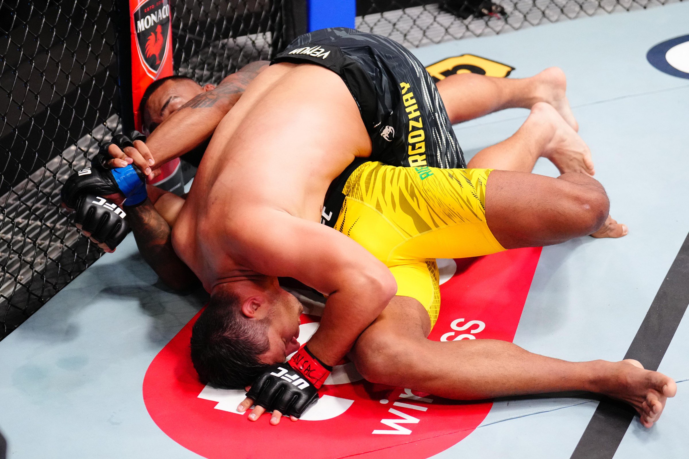 LAS VEGAS, NEVADA - MARCH 15: Brendson Ribeiro of Brazil secures a kimura submission against Diyar Nurgozhay of Kazakstan in a light heavyweight fight during the UFC Fight Night event at UFC APEX on March 15, 2025 in Las Vegas, Nevada. (Photo by Chris Unger/Zuffa LLC)