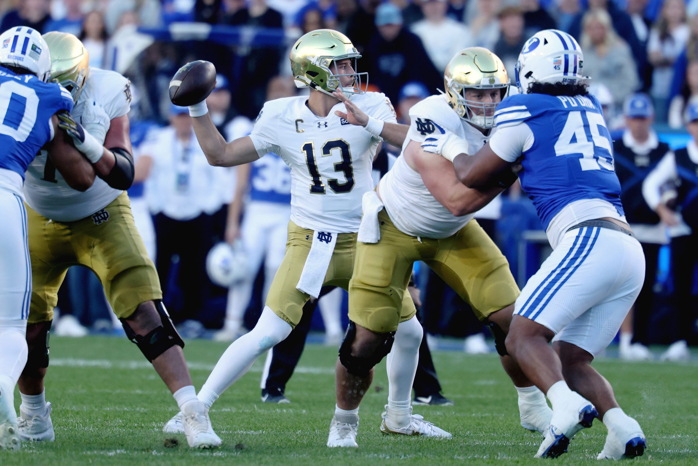 Oct 17, 2026; Provo, Utah, USA;  Notre Dame Fighting Irish quarterback CJ Carr (13) passes against the Brigham Young Cougars during the first half at LaVell Edwards Stadium.  Mandatory Credit: Rob Gray-Imagn Images