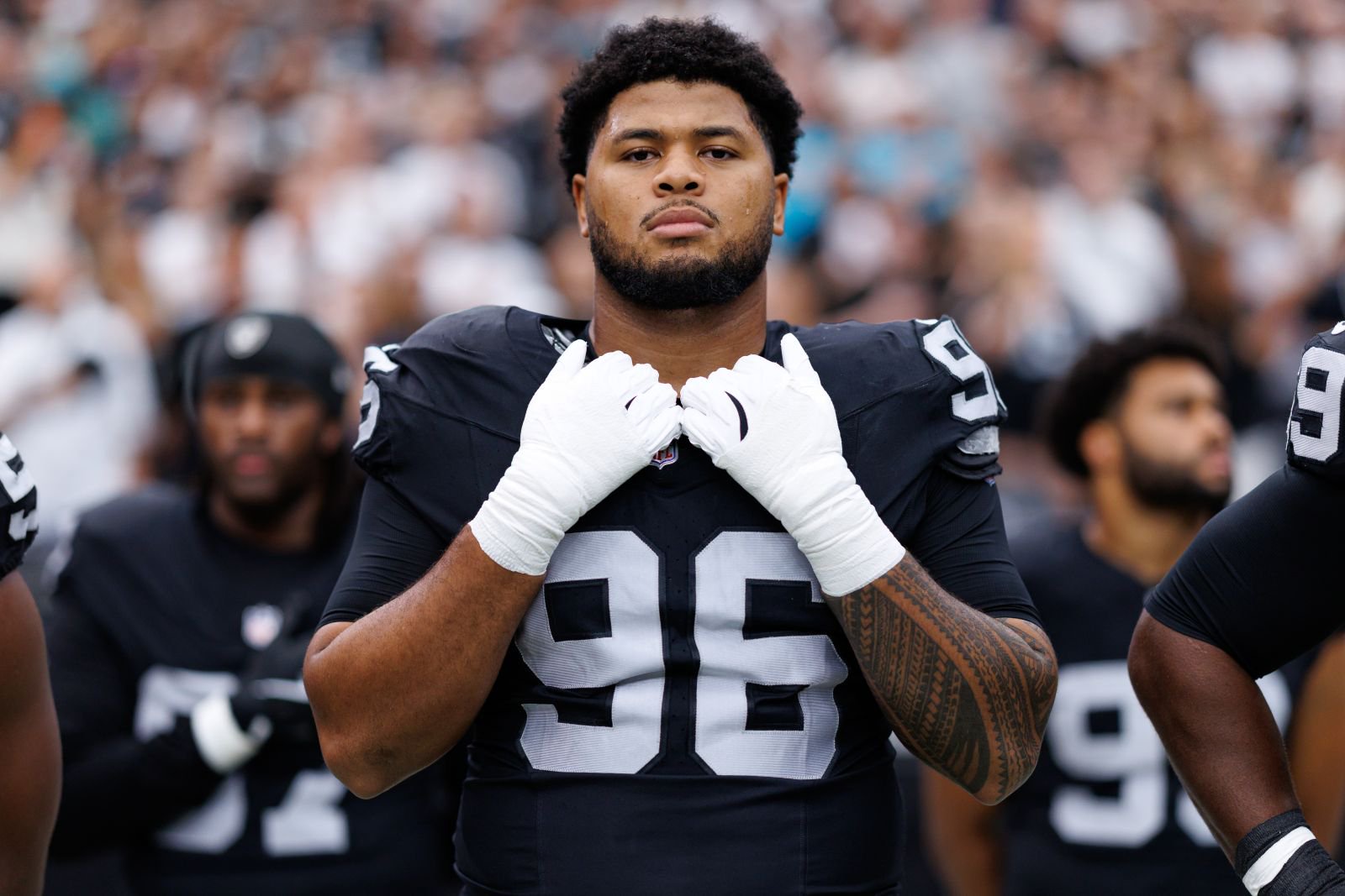 Jonah Laulu #96 of the Las Vegas Raiders.