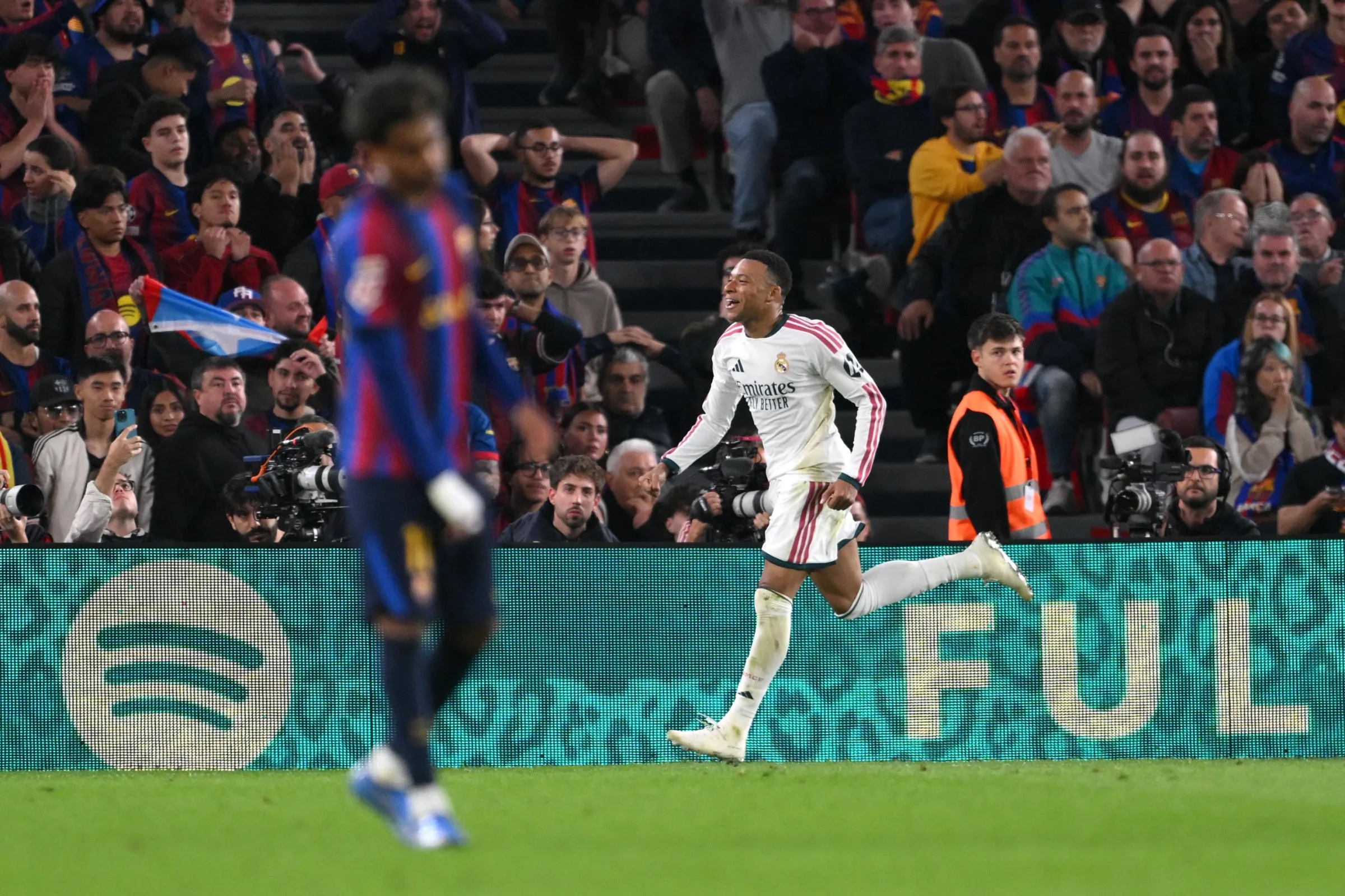 BARCELONA, SPAIN - OCTOBER 25: Kylian Mbappe of Real Madrid celebrates scoring his team’s first goal during the LaLiga EA Sports 2026/27 match between FC Barcelona and Real Madrid at Spotify Camp Nou on October 25, 2026 in Barcelona, Spain. (Photo by David Ramos/Getty Images)