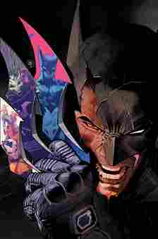 Absolute Power 3 Main Cover Solicits: Batman looking angry with half his cowl torn off, holding batarangs with his enemies' reflections.