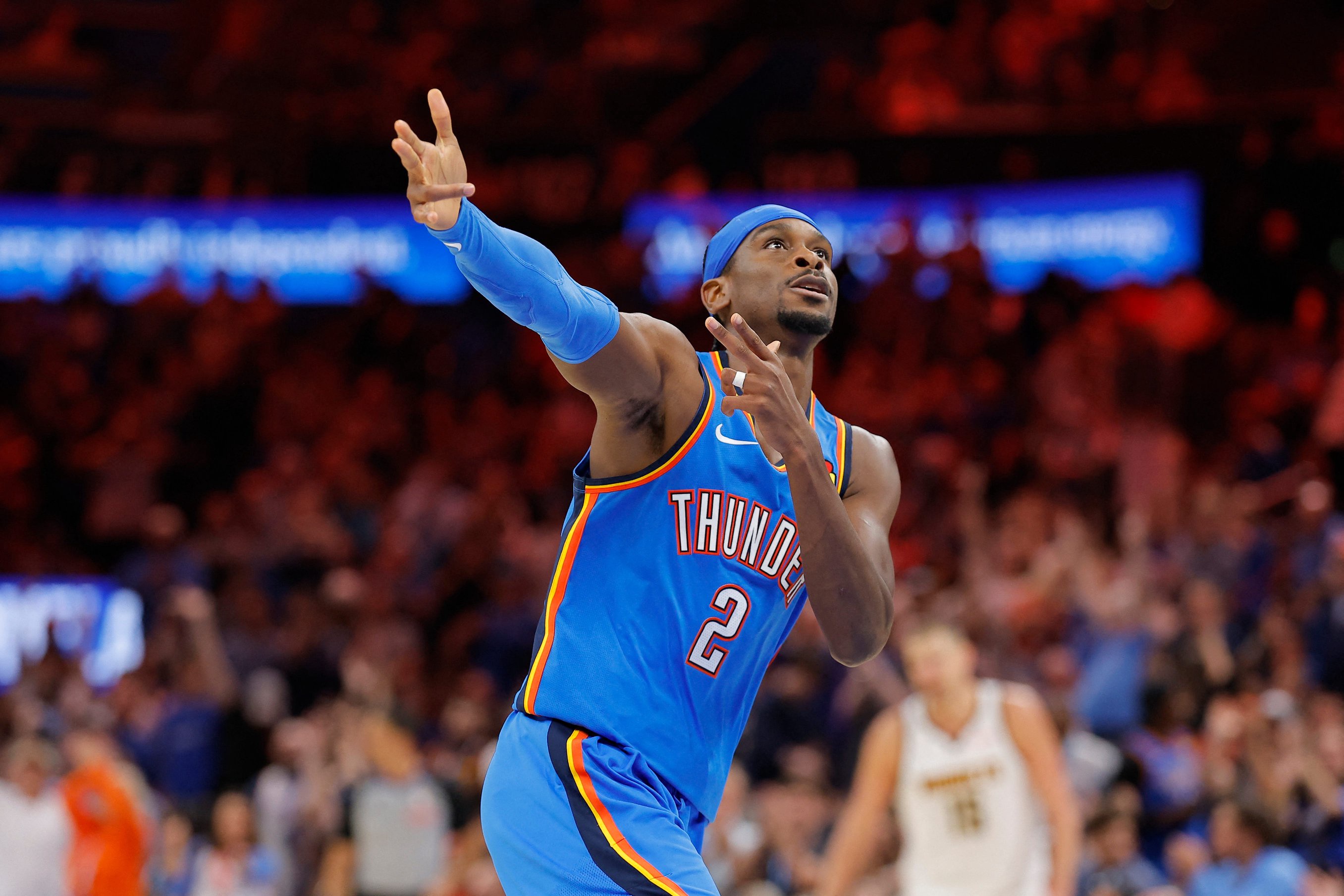 Oct 22, 2026; Oklahoma City, Oklahoma, USA; Oklahoma City Thunder guard Shai Gilgeous-Alexander (2) gestures to fans after scoring against the Denver Nuggets during the fourth quarter at Paycom Center. Mandatory Credit: Alonzo Adams-Imagn Images