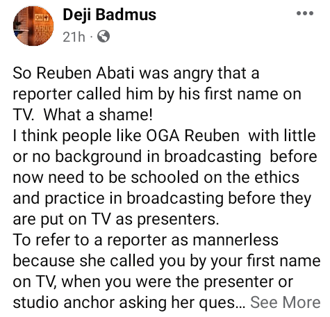 It shows his total ignorance of the ethics and convention of broadcasting - Journalist, Deji Badmus berates Reuben Abati for calling reporter 