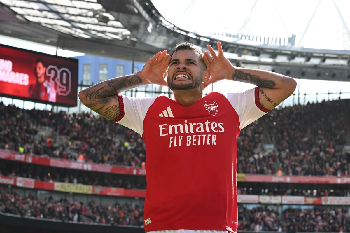 Bruno Guimaraes of Arsenal celebrates scoring his teams second goal during the Premier League 2026/27 match between Arsenal FC and Leeds United at Emirates Stadium on October 10, 2026 in London, England.
